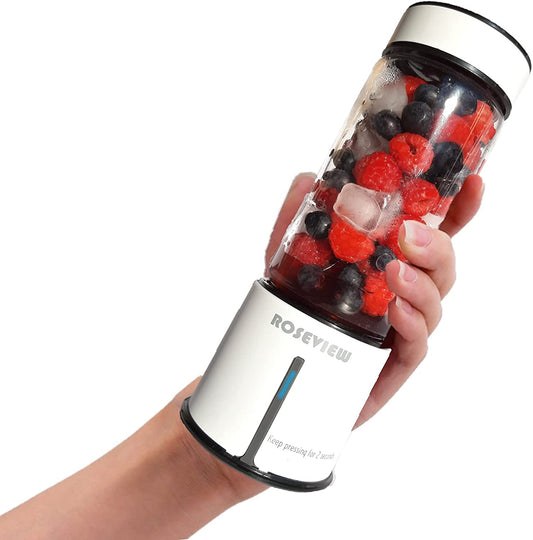 ROSEVIEW Blender Smoothie Portable jet blend smoothies Glass bottle Mini USB rechargeable Handheld 2 speed battery powered hand Mixer Shakes Cup fruit juicer Cordless maker (US, White)