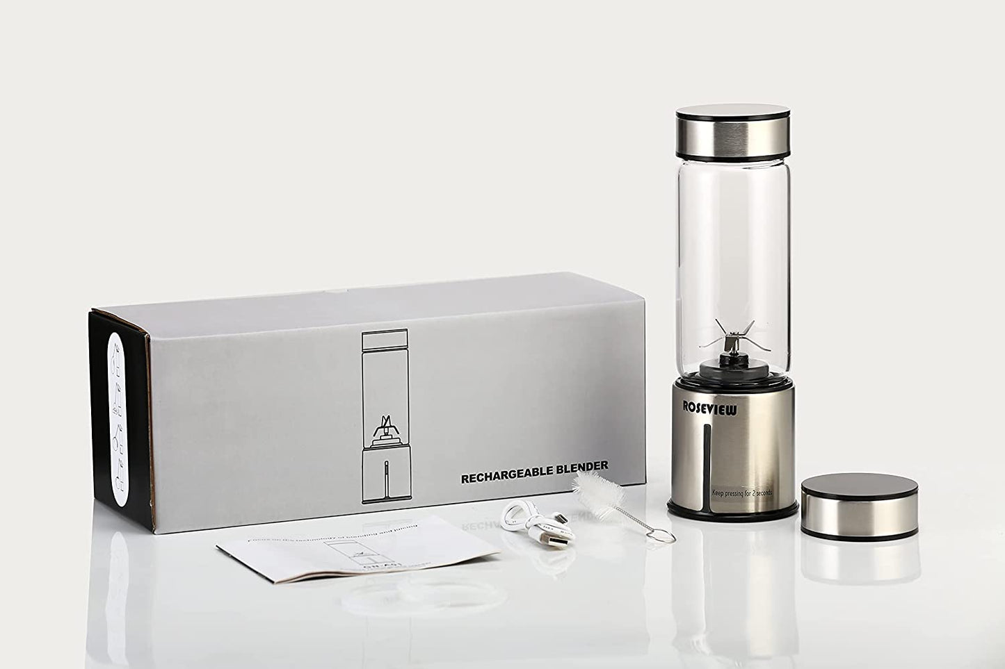 ROSEVIEW Blender Smoothie Portable for smoothies Glass bottle Mini USB rechargeable Handheld 2 speed battery powered hand blend Shakes Cup fruit juicer Cordless maker jet blend Mixer (US, Stainless)