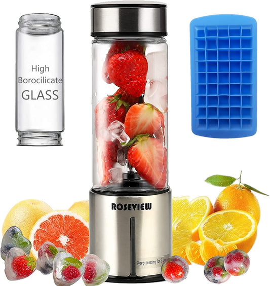 ROSEVIEW Blender Smoothie Portable for smoothies Glass bottle Mini USB rechargeable Handheld 2 speed battery powered hand blend Shakes Cup fruit juicer Cordless maker jet blend Mixer (US, Stainless)
