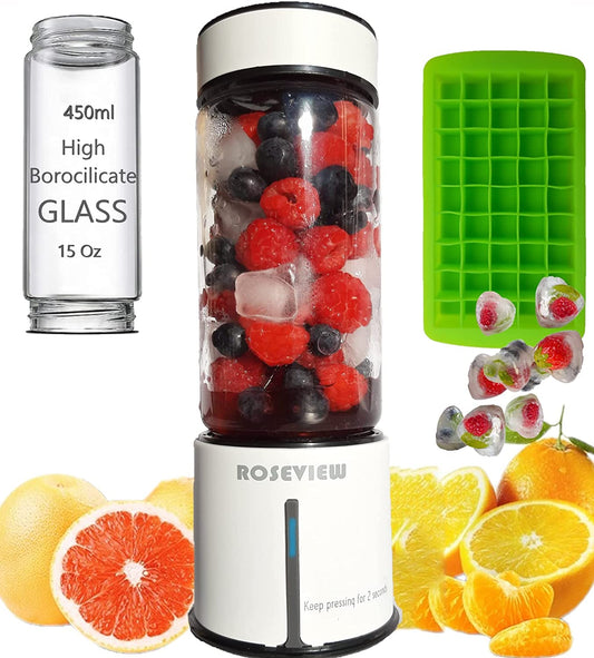 ROSEVIEW Blender Smoothie Portable jet blend smoothies Glass bottle Mini USB rechargeable Handheld 2 speed battery powered hand Mixer Shakes Cup fruit juicer Cordless maker (US, White)