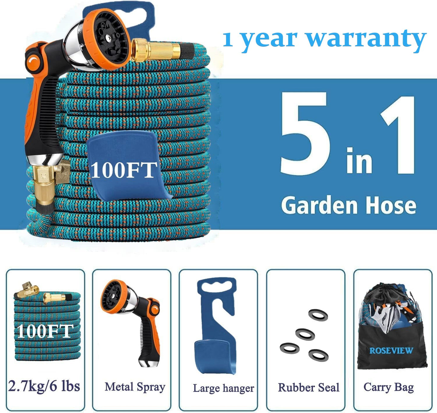 Garden Hose Expandable 75ft 100ft 150ft  Expanding  75 feet 100 foot 150 (CA, BlueOrange)