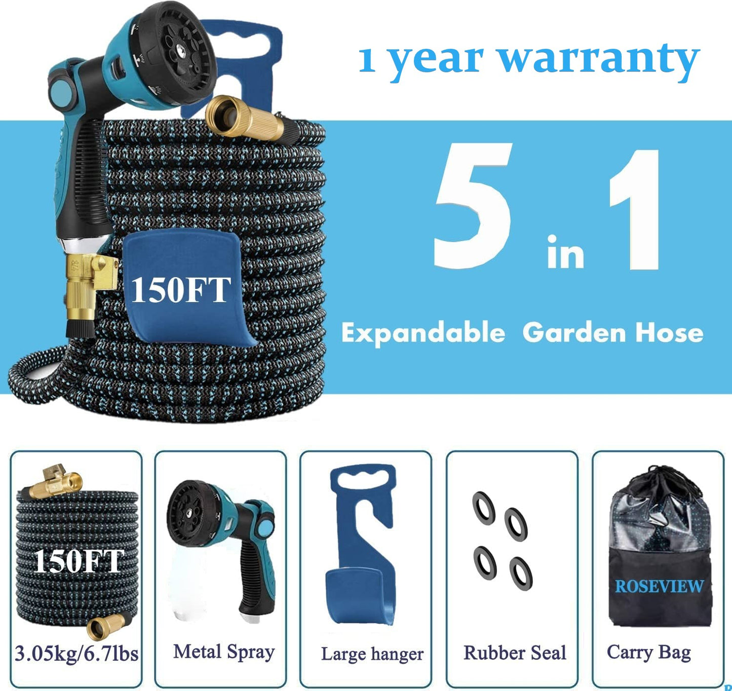 Garden Hose Expandable  75ft 100ft Expanding  75 feet 100 foot (CA, Dark Blue)