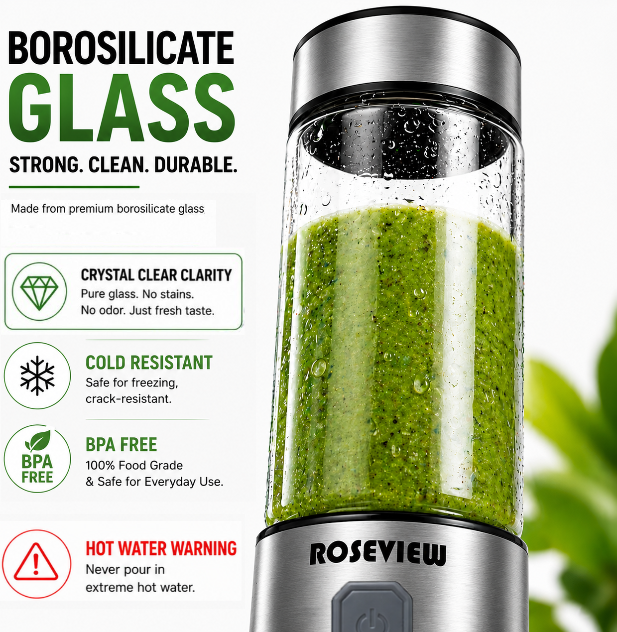 ROSEVIEW Blender Smoothie Portable for smoothies Glass bottle Mini USB rechargeable Handheld jet blend battery Shakes Cup juicer (US)