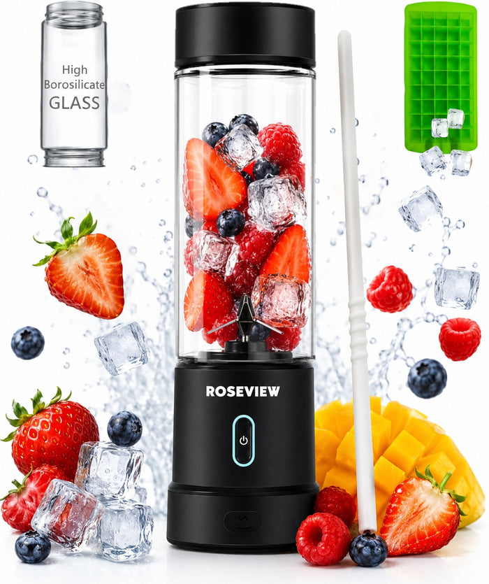 Portable Smoothie blender ROSEVIEW 15 Oz Glass bottle Rexy Pro 200W USB rechargeable mini Handheld Ice Crushing Shakes Cup blend juicer Cordless Personal smoothies maker mixer