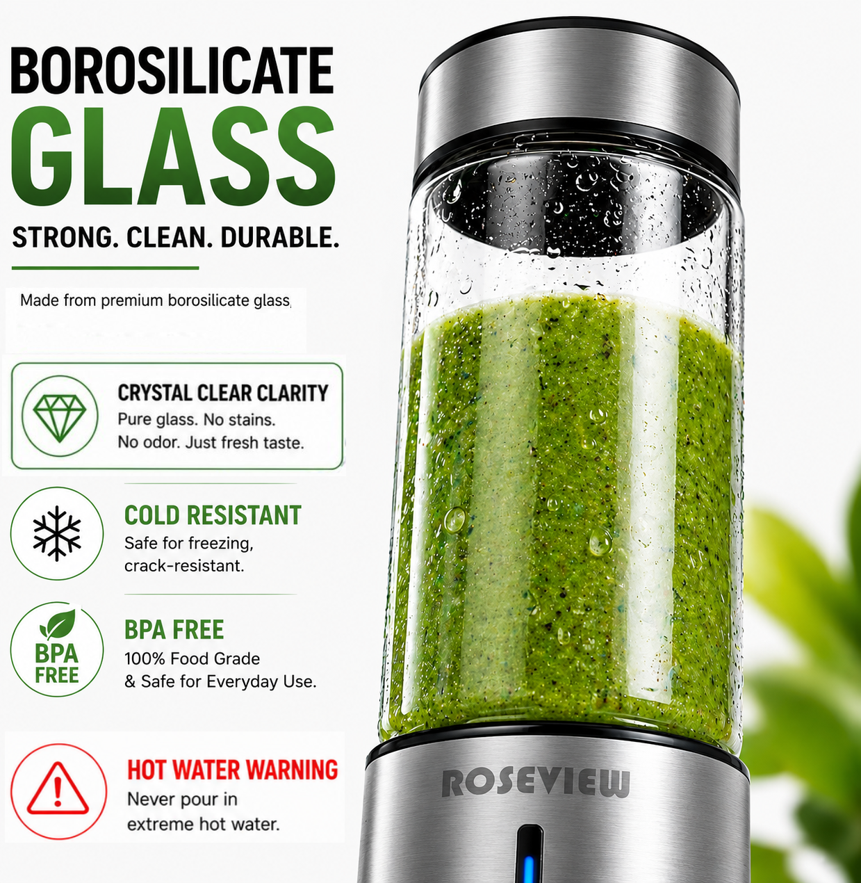ROSEVIEW Blender Smoothie Portable jet blend smoothies Glass bottle Mini USB rechargeable Handheld battery hand Mixer Cup juicer Cordless (US)