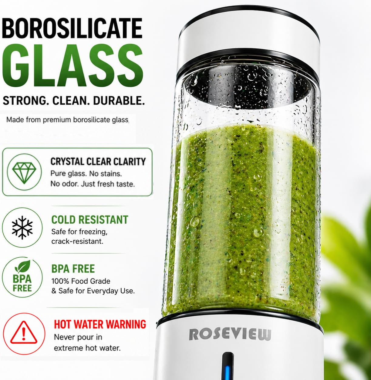 ROSEVIEW Blender Smoothie Portable jet blend smoothies Glass bottle Mini USB rechargeable Handheld battery hand Mixer Cup juicer Cordless (US)