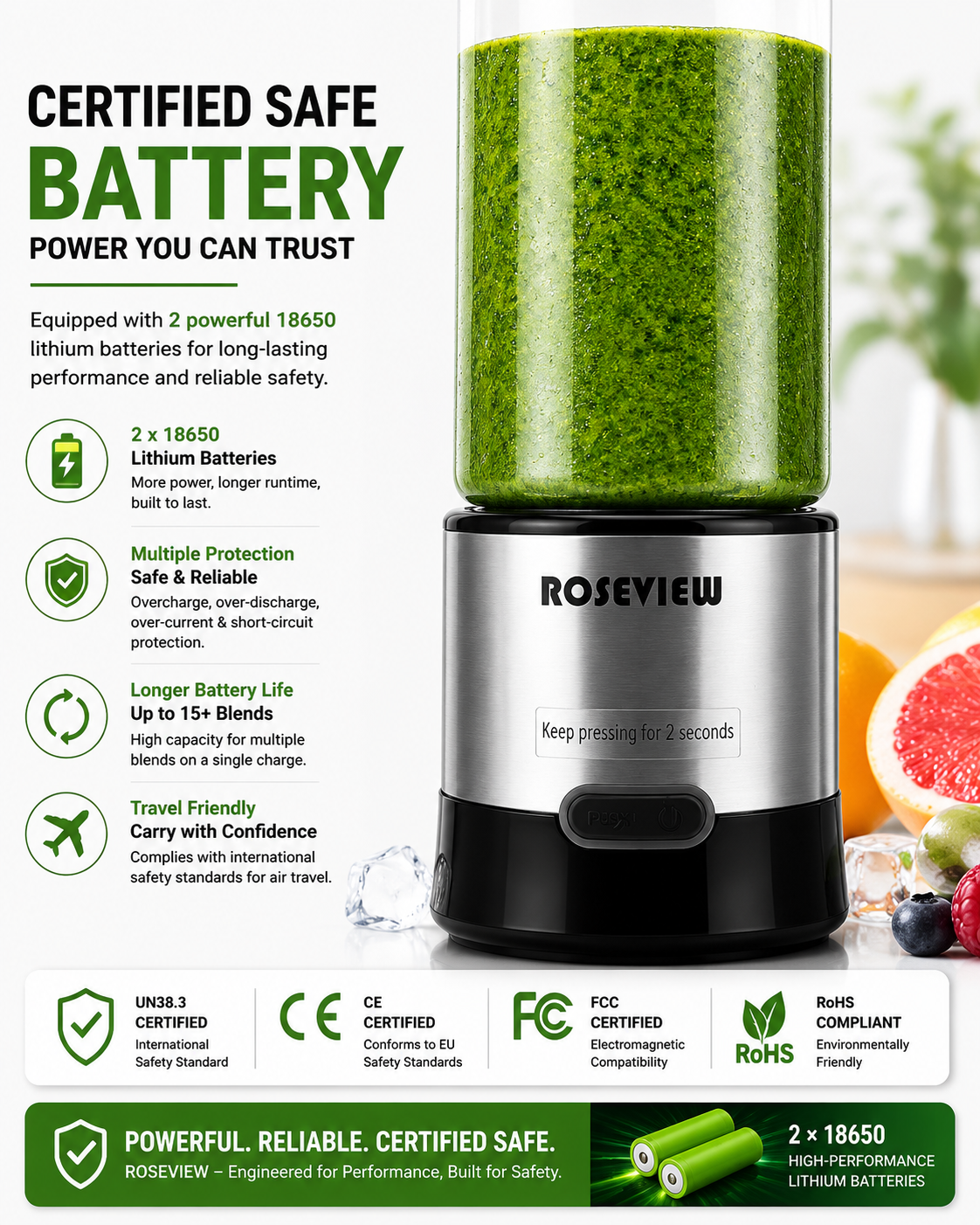 ROSEVIEW Blender Smoothie Portable jet blend smoothies Glass bottle Mini USB rechargeable Handheld battery hand Mixer Cup juicer Cordless (US)
