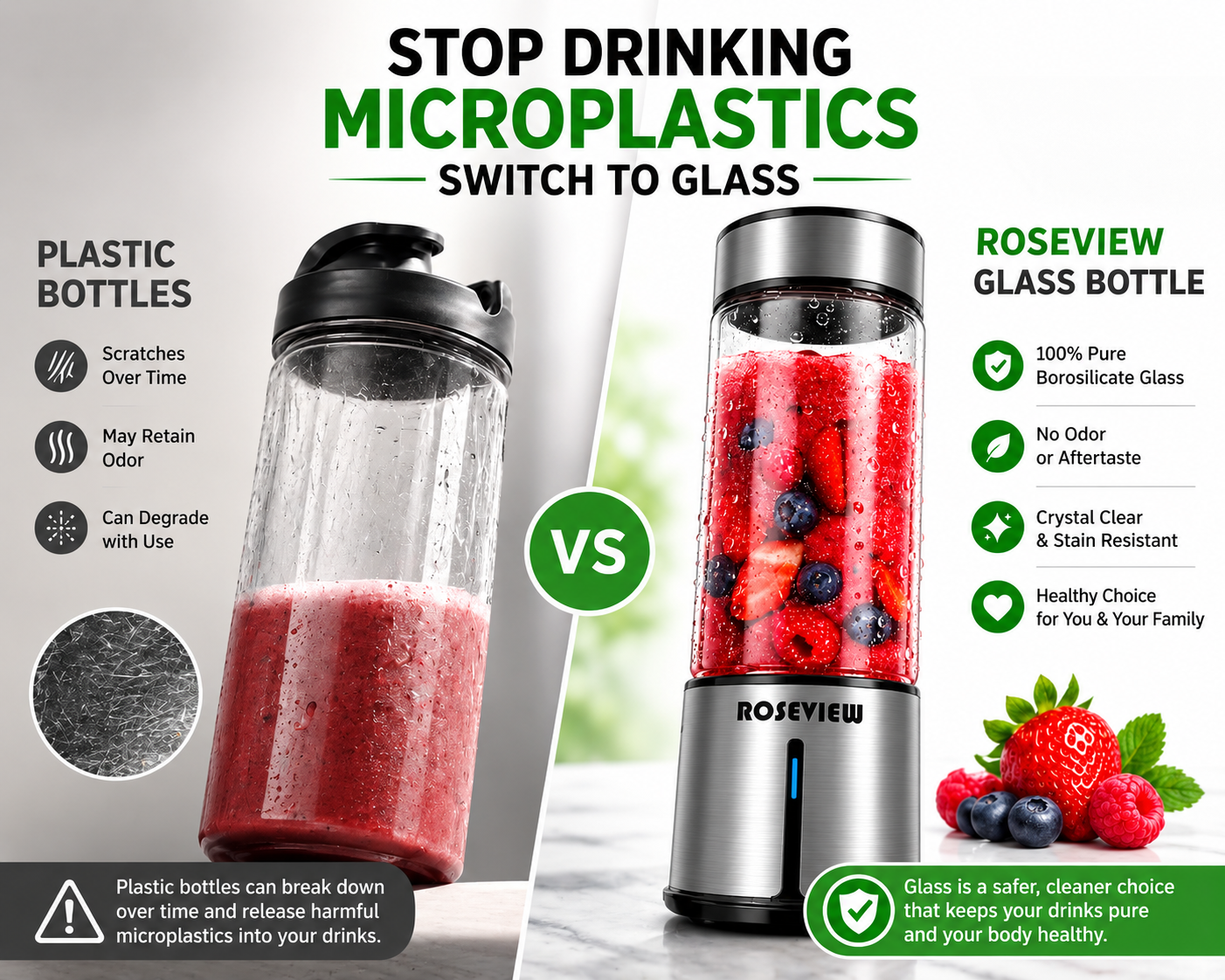 ROSEVIEW Blender Smoothie Portable jet blend smoothies Glass bottle Mini USB rechargeable Handheld battery hand Mixer Cup juicer Cordless (US)