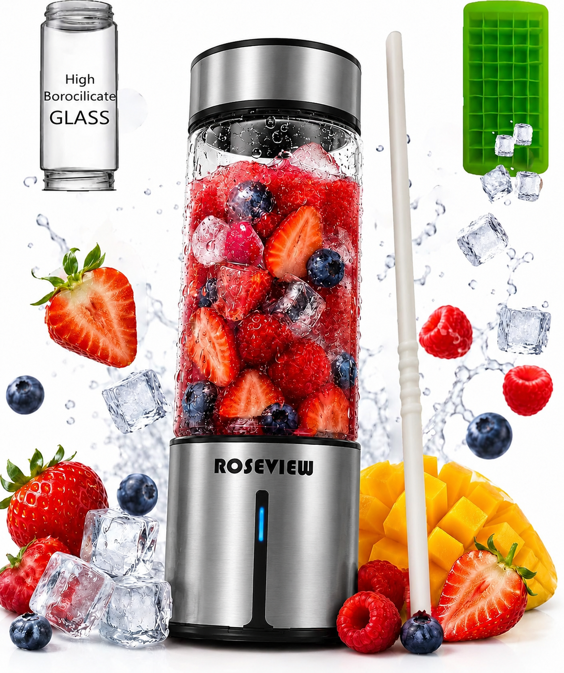 ROSEVIEW Blender Smoothie Portable jet blend smoothies Glass bottle Mini USB rechargeable Handheld battery hand Mixer Cup juicer Cordless (US)