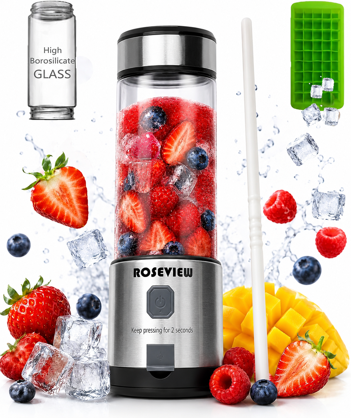 ROSEVIEW Blender Smoothie Portable for smoothies Glass bottle Mini USB rechargeable Handheld jet blend battery Shakes Cup juicer (US)