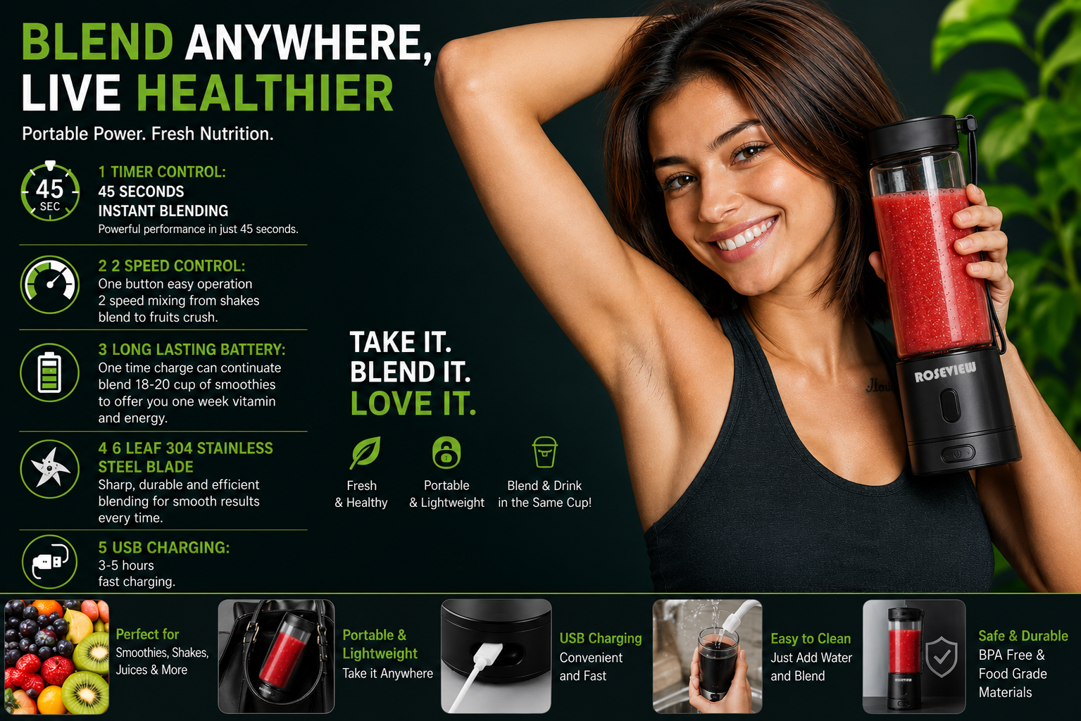 A promotional graphic for a Bonytim portable blender cup. The image features a woman smiling and holding the black travel blender filled with red powder, set against a dark green background with product features and benefits written in white and green text.