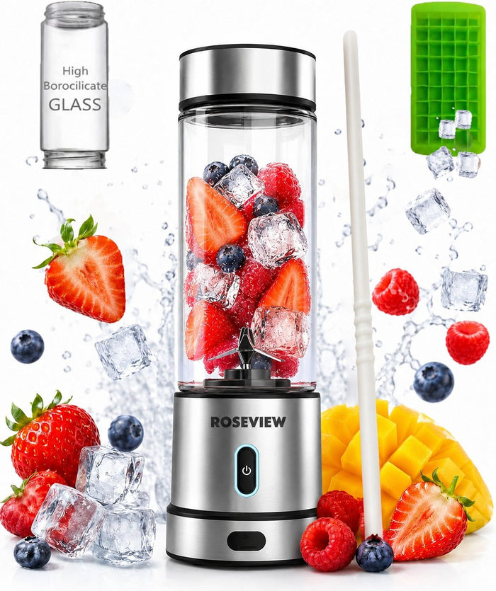 Portable Smoothie blender ROSEVIEW 15 Oz Glass bottle Rexy Pro 200W USB rechargeable mini Handheld Ice Crushing Shakes Cup blend juicer Cordless Personal smoothies maker mixer