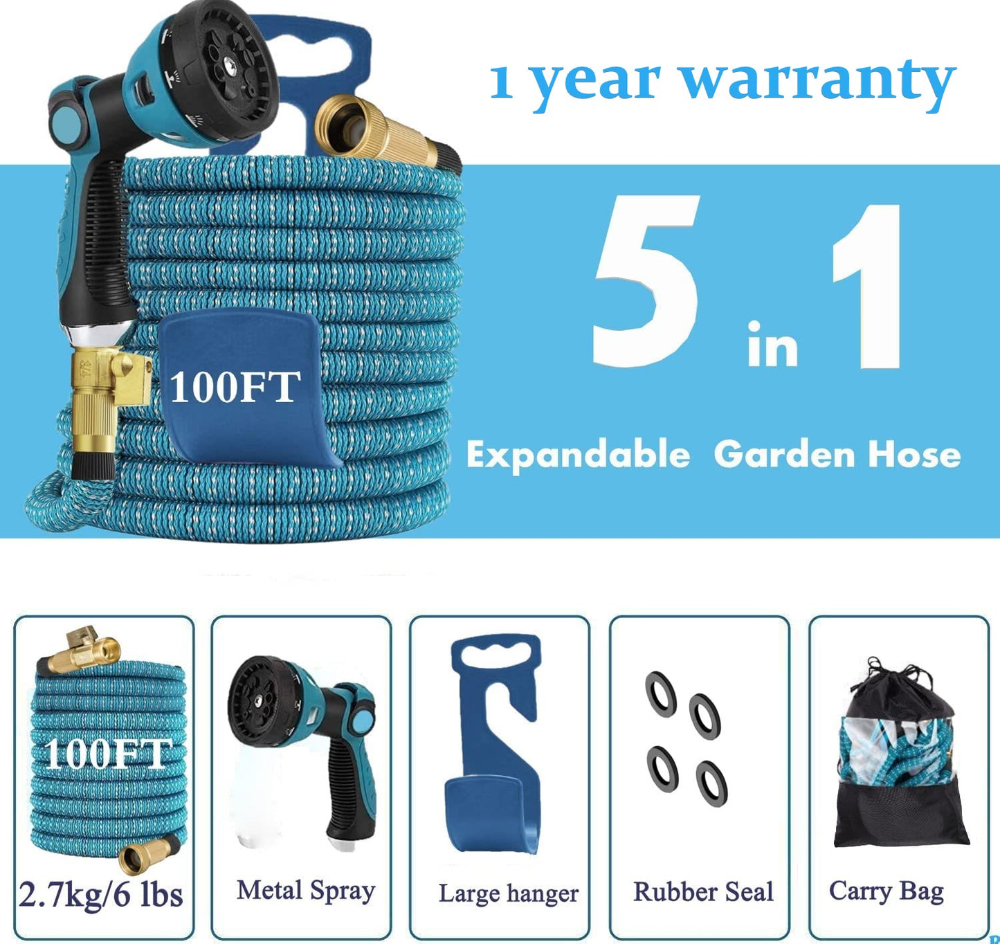 Garden Hose Expandable 50ft75ft 100ft 150ft 200ft Expanding 50 75 feet 100 foot 150 200 ft (US, SkyBlue)